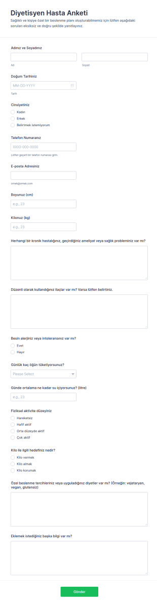 Beslenme Uzmanı Hasta Anketi Form Şablonu