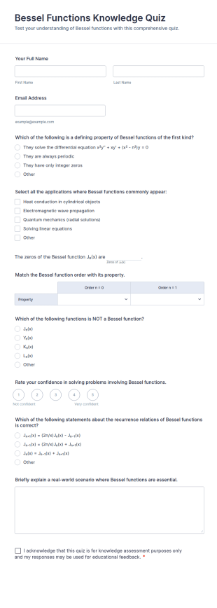 Bessel Functions Knowledge Quiz Form Template