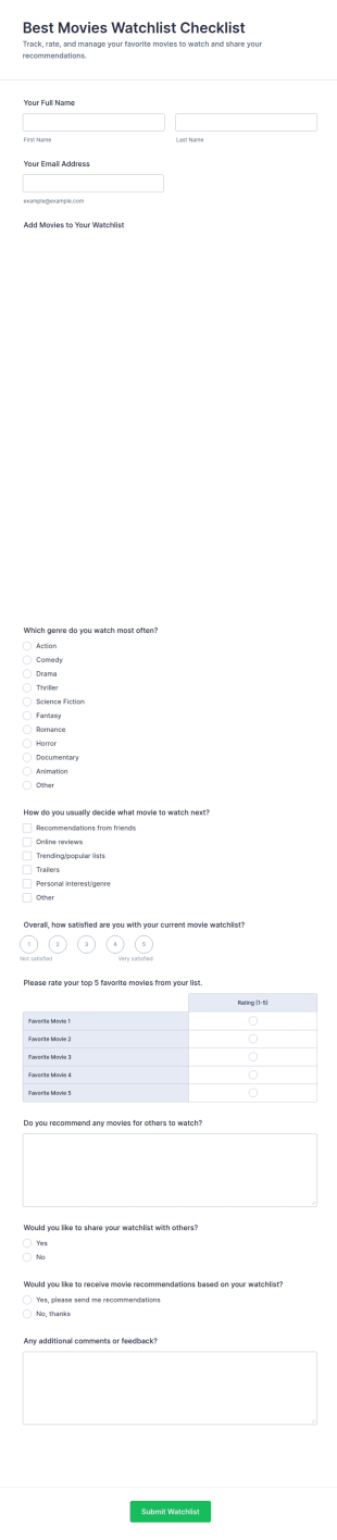 Best Movies Watchlist Checklist Form Template