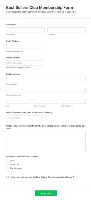 Best Sellers Club Membership Form Template