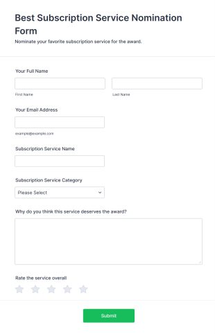Best Subscription Service Nomination Form Template