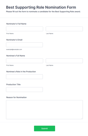 Best Supporting Role Nomination Form Form Template
