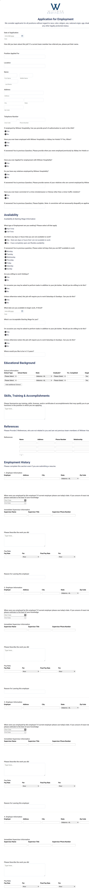 Best Western Plus Abbey Inn Application For Employment Form Template