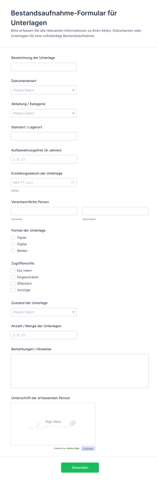 Bestandsaufnahme Formular Für Unterlagen
