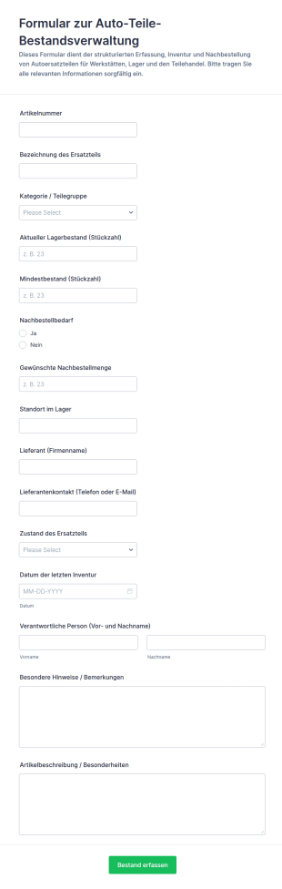 Bestandsaufnahme Für Kfz Ersatzteile
