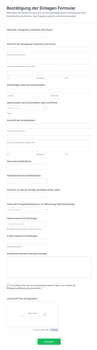 Bestätigung Der Einlagen Formular