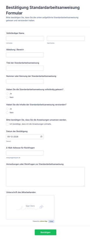 Bestätigung Standardarbeitsanweisung Formular