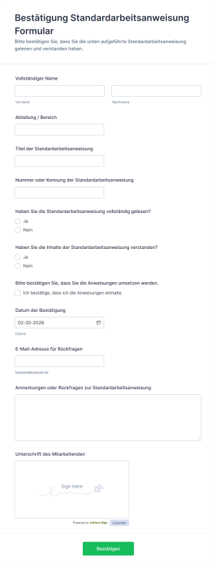 Bestätigung Standardarbeitsanweisung Formular