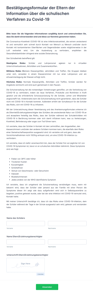 Bestätigungsformular Der Eltern Der Information über Die Schulischen Verfahren Zu Covid 19 Form Template