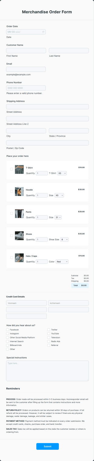 Bestelformulier Voor Merchandise