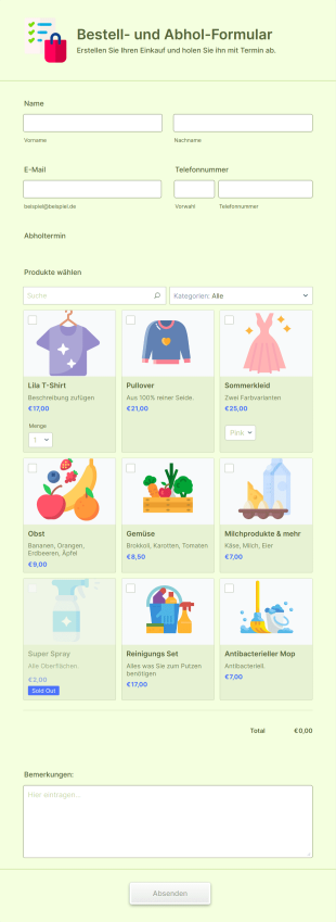 Bestell Und Abhol Formular Form Template