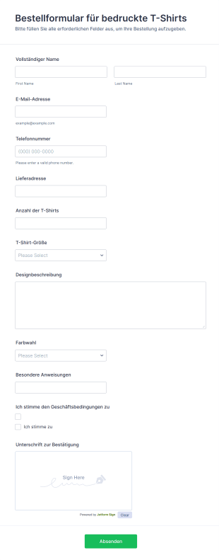 Bestellformular Für Bedruckte T Shirts