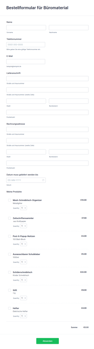 Bestellformular Für Büromaterial