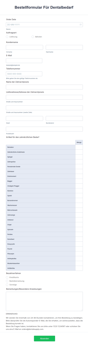 Bestellformular Für Dentalbedarf