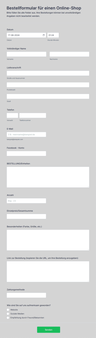 Bestellformular Für Einen Online Shop