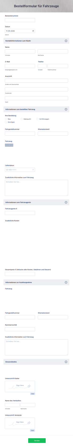 Bestellformular Für Fahrzeuge