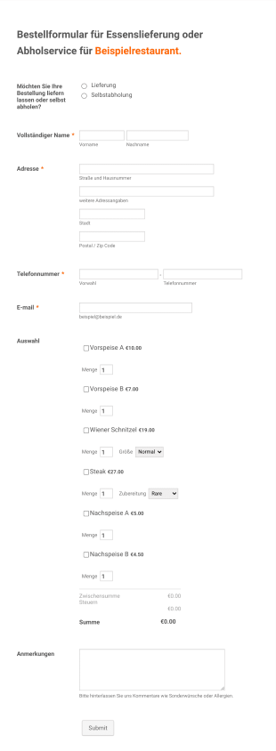 Bestellformular Für Gastronomien Lieferung Oder Selbstabholung Form Template