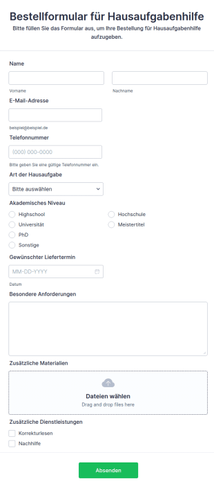 Bestellformular Für Hausaufgabenhilfe