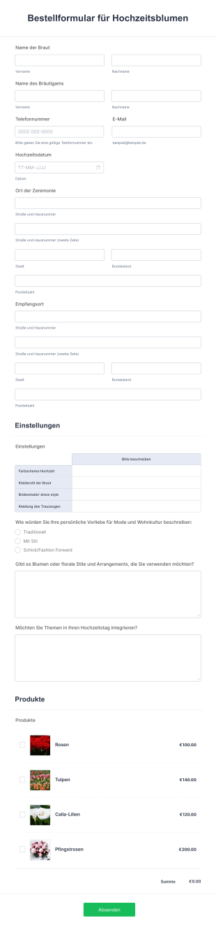 Bestellformular Für Hochzeitsblumen