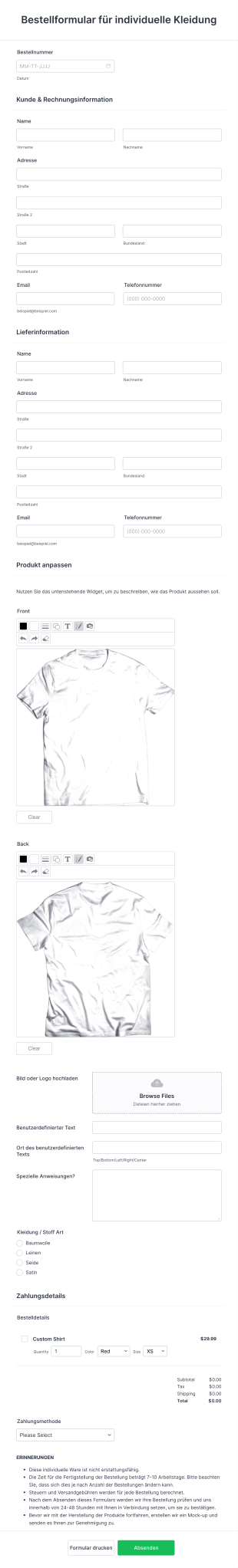 Bestellformular Für Individuelle Kleidung Form Template