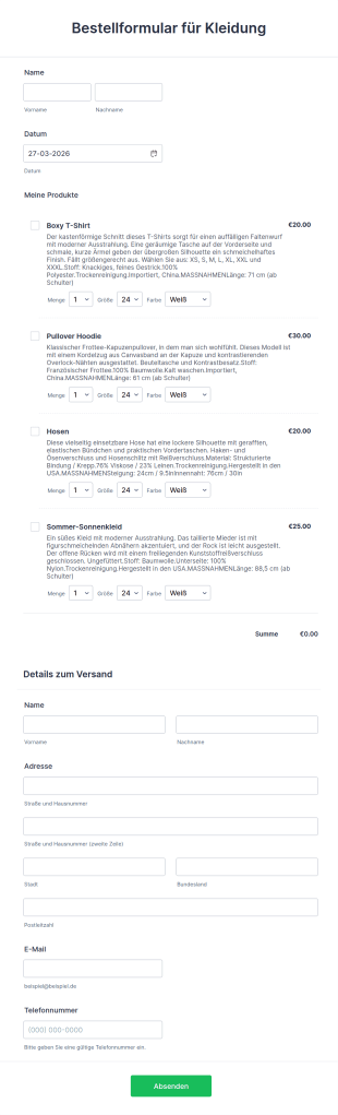 Bestellformular Für Kleidung