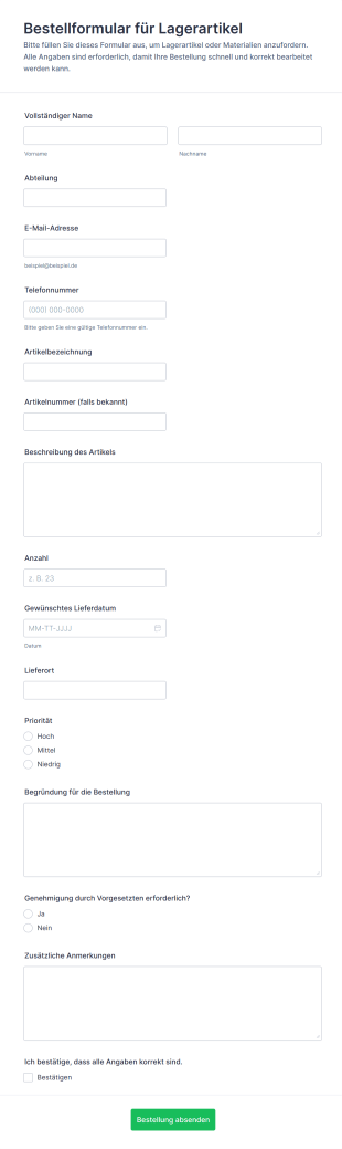Bestellformular Für Lagerartikel