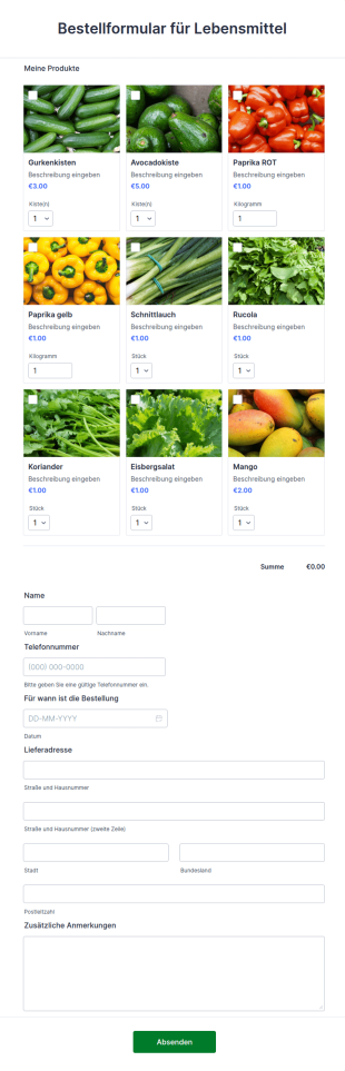 Bestellformular Für Lebensmittel