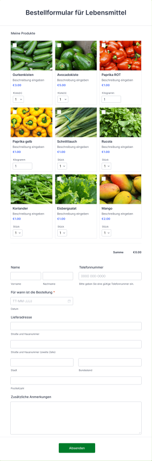 Bestellformular Für Lebensmittel