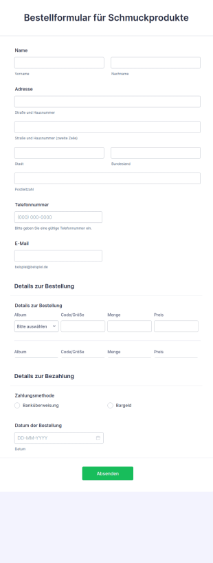 Bestellformular Für Schmuckprodukte