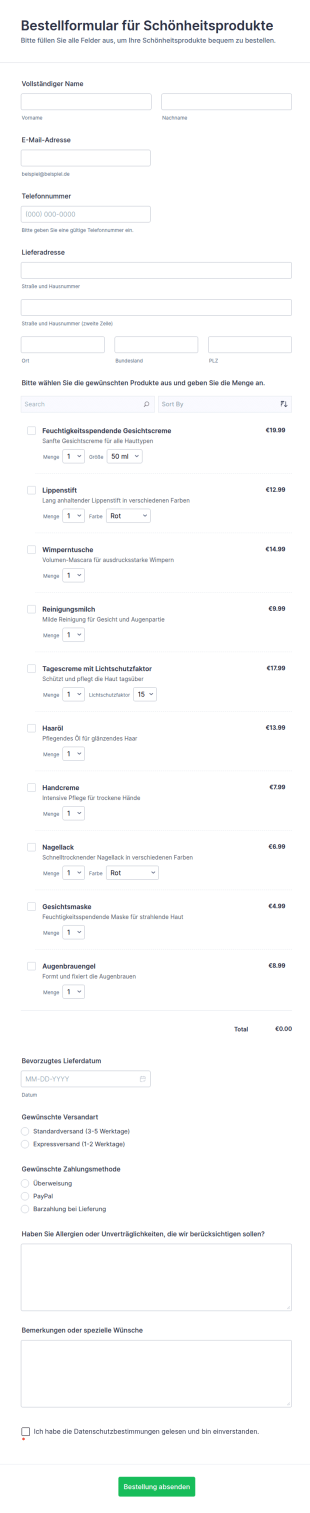 Bestellformular Für Schönheitsprodukte