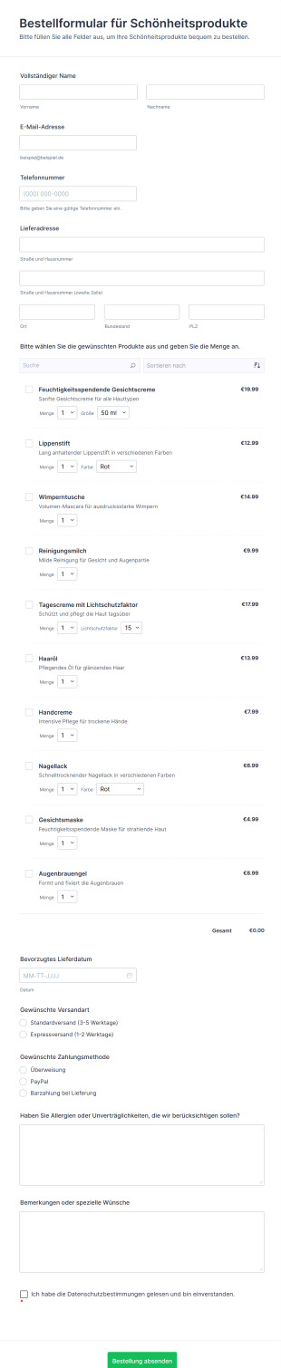 Bestellformular Für Schönheitsprodukte