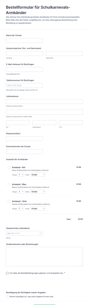 Bestellformular Für Schulkarnevals Armbänder