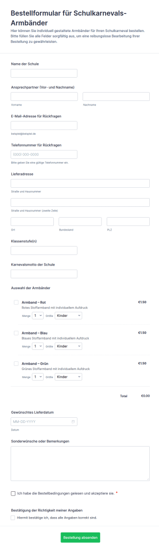 Bestellformular Für Schulkarnevals Armbänder