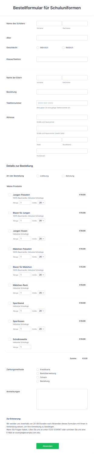 Bestellformular Für Schuluniformen Form Template