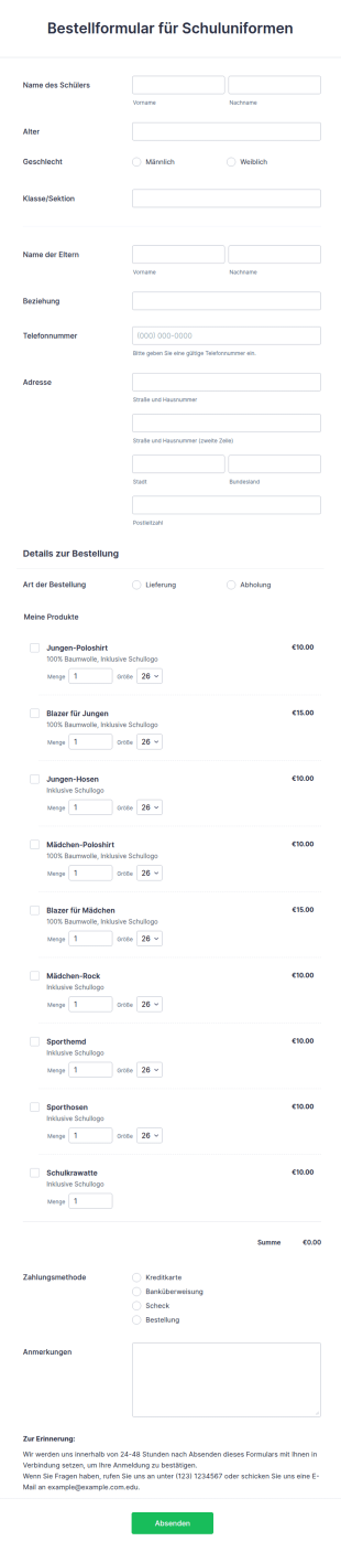 Bestellformular Für Schuluniformen