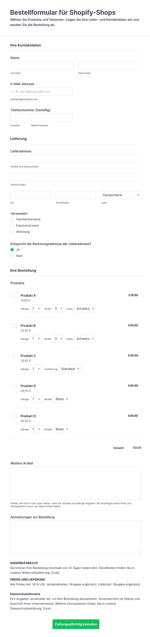 Bestellformular Für Shopify Shops
