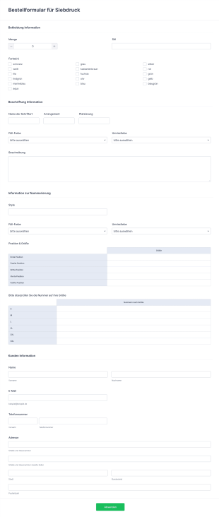 Bestellformular Für Siebdruck Form Template