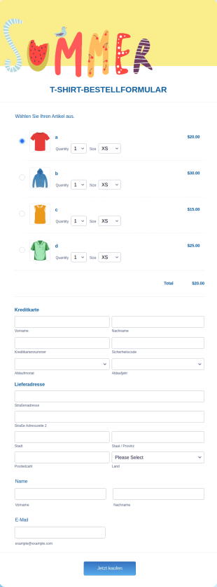 Bestellformular Für Sommer T Shirts