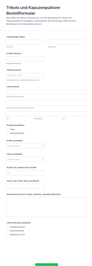 Bestellformular Für Trikots Und Kapuzenpullover