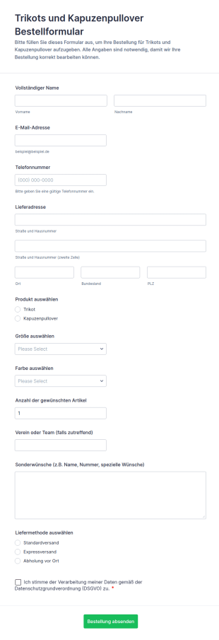 Bestellformular Für Trikots Und Kapuzenpullover