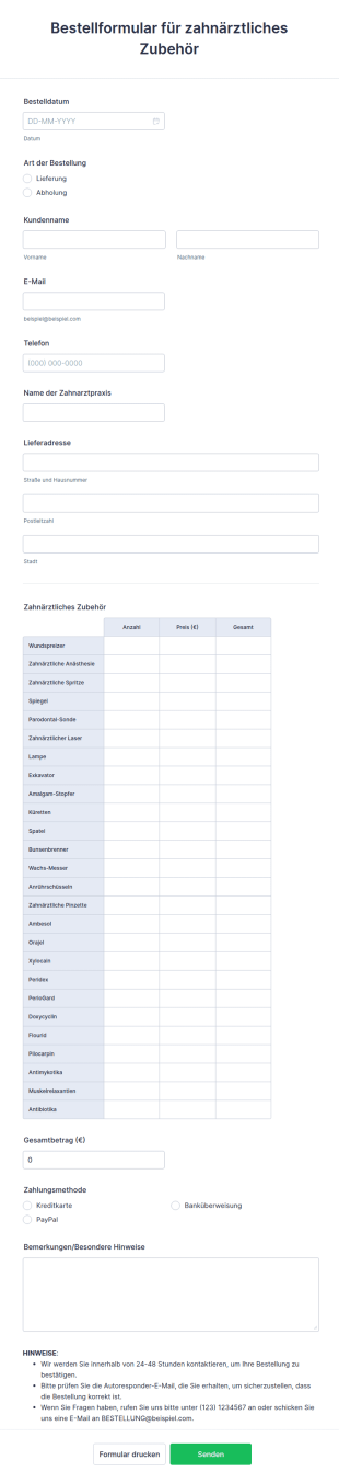 Bestellformular Für Zahnärztliches Zubehör