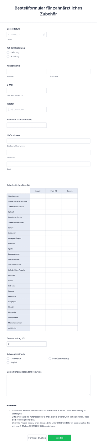 Bestellformular Für Zahnärztliches Zubehör Form Template