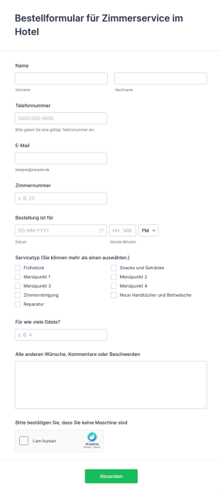 Bestellformular Für Zimmerservice Im Hotel