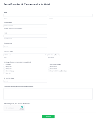 Bestellformular Für Zimmerservice Im Hotel Form Template