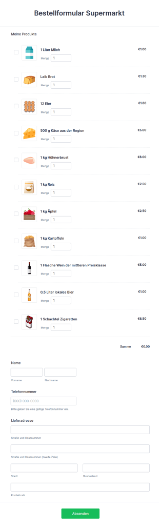 Bestellformular Supermarkt