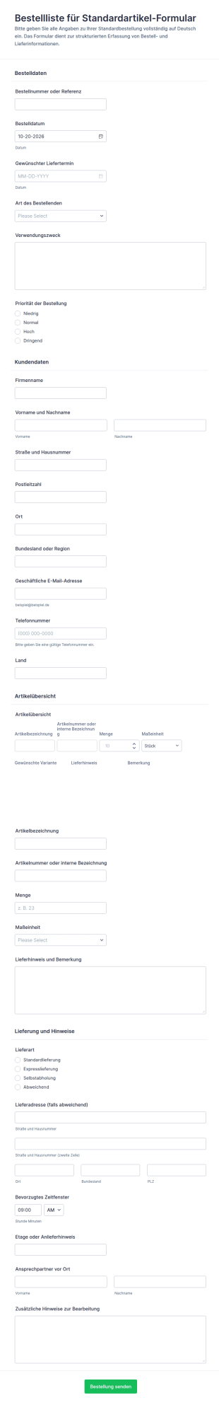 Bestellliste Für Standardartikel