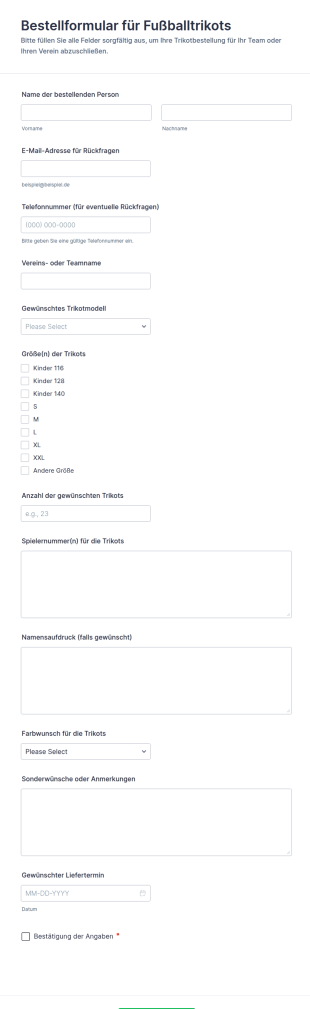 Bestellung Für Fußballtrikots Form