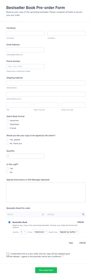Bestseller Book Pre Order Form Template