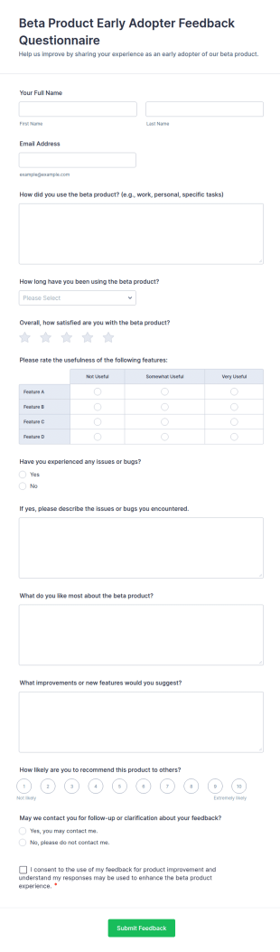 Beta Product Early Adopter Feedback Questionnaire Form Template