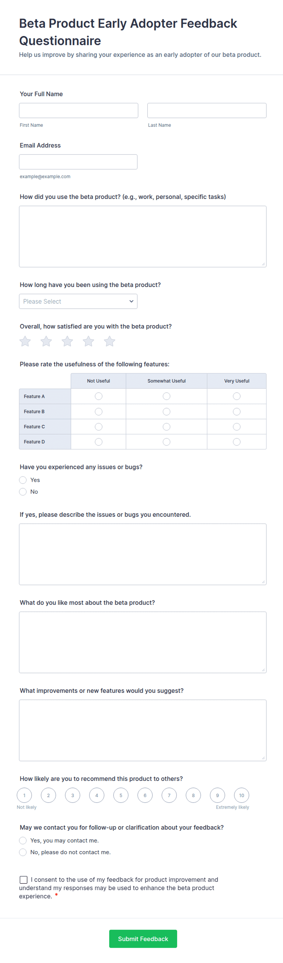 Example Beta Reader Questionnaire Beta Product Early Adopter Feedback Questionnaire Form Template | Jotform